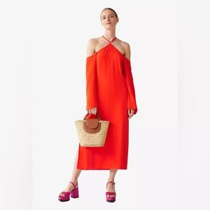 & Other Stories Red Orange Cold Off Shoulder Halter Long Sleeve Midi Dress